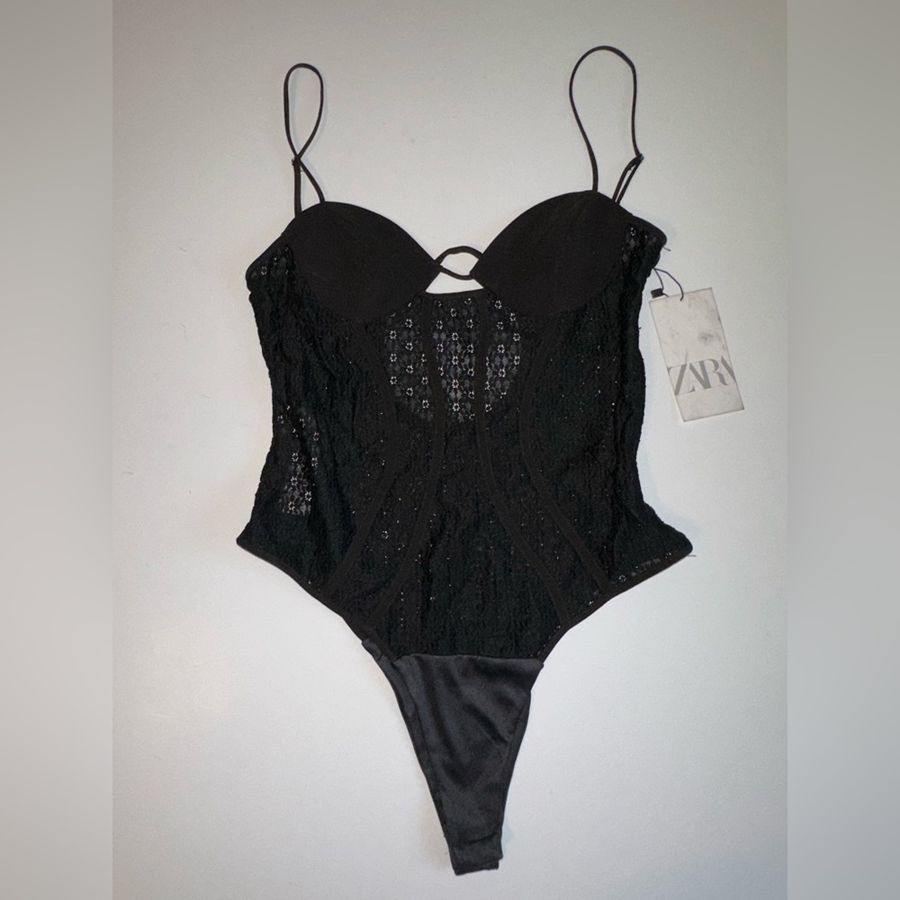 NWT Zara Women’s M Floral Black Lace Corset Bodysuit Adjustable Straps